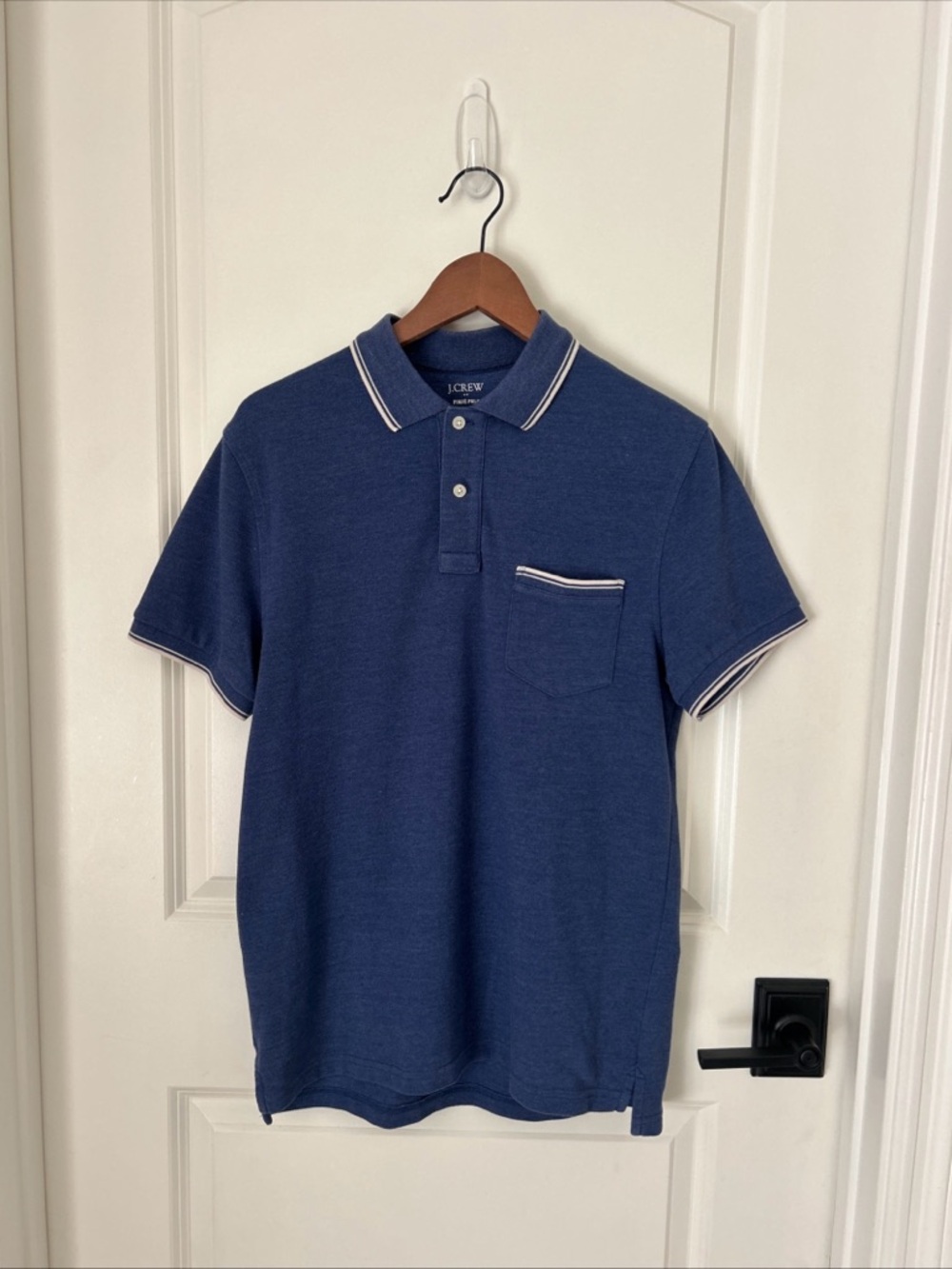 J.Crew Polo Shirt Mens Medium Blue Slim Fit Tipped Pocket Cotton Pique Preppy